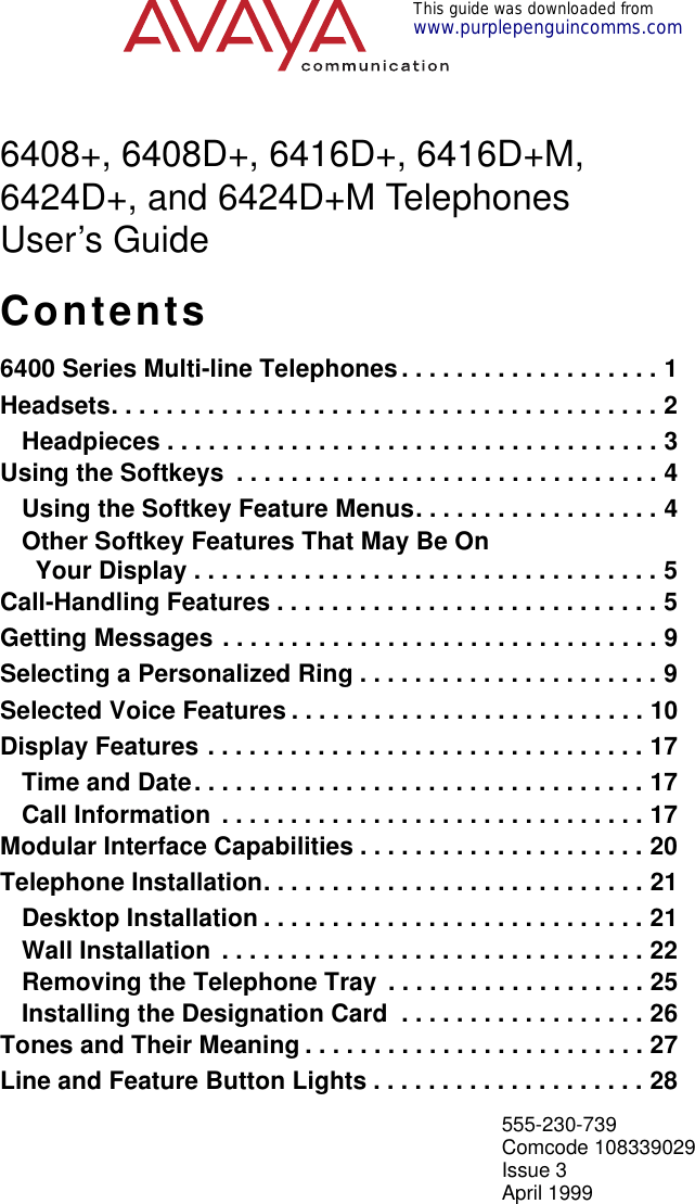Avaya 6416D Plus M Users Manual 6408+, 6408D+, 6416D+, 6416D+M, 6424D