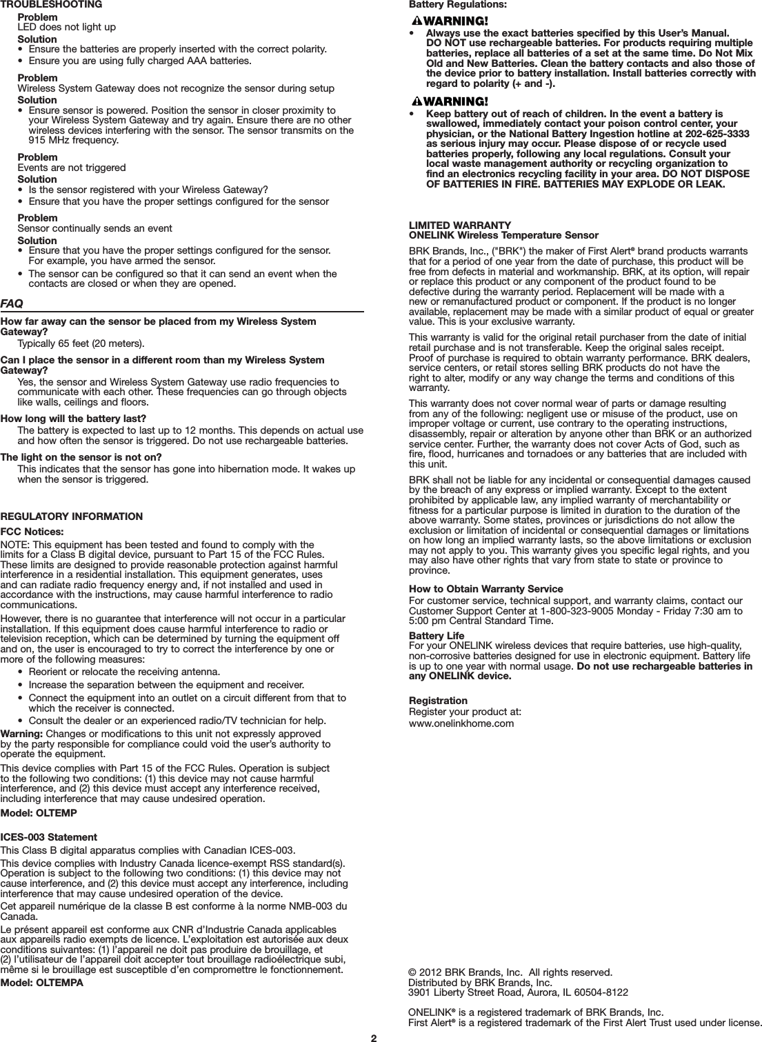 BRK FALTEM Wireless Temperature Sensor User Manual OLTEMP