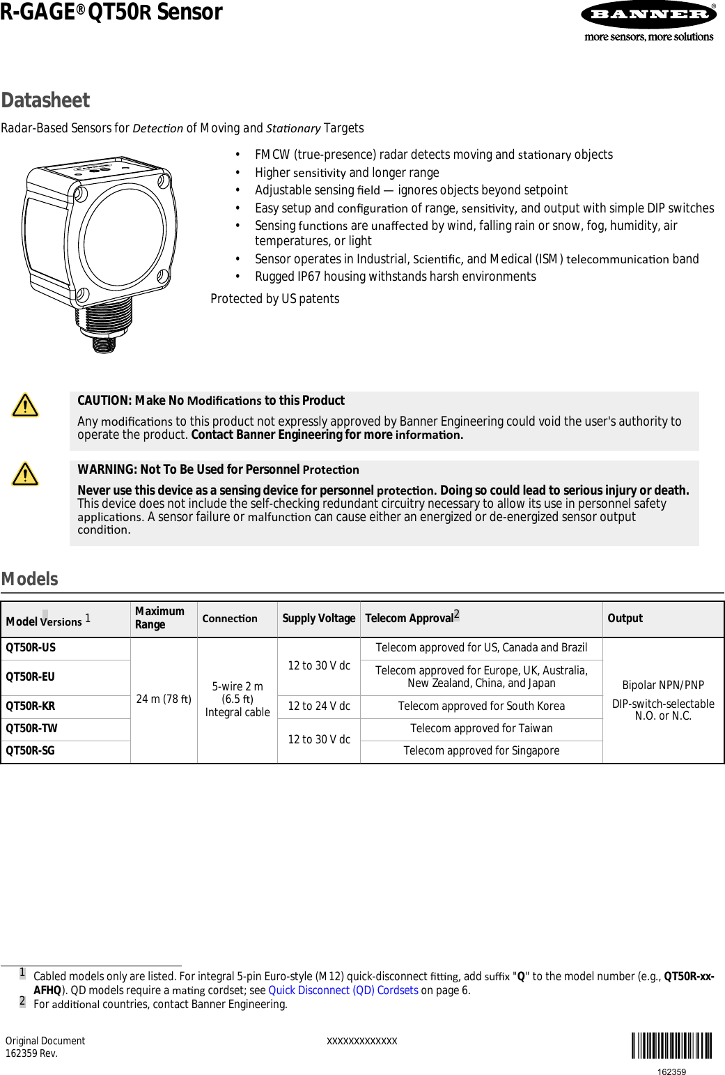 Banner Engineering RGAGE50 QT50R and SA1T family sensors User Manual