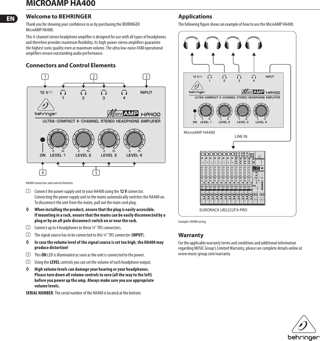 Behringer Microamp Ha400 Users Manual