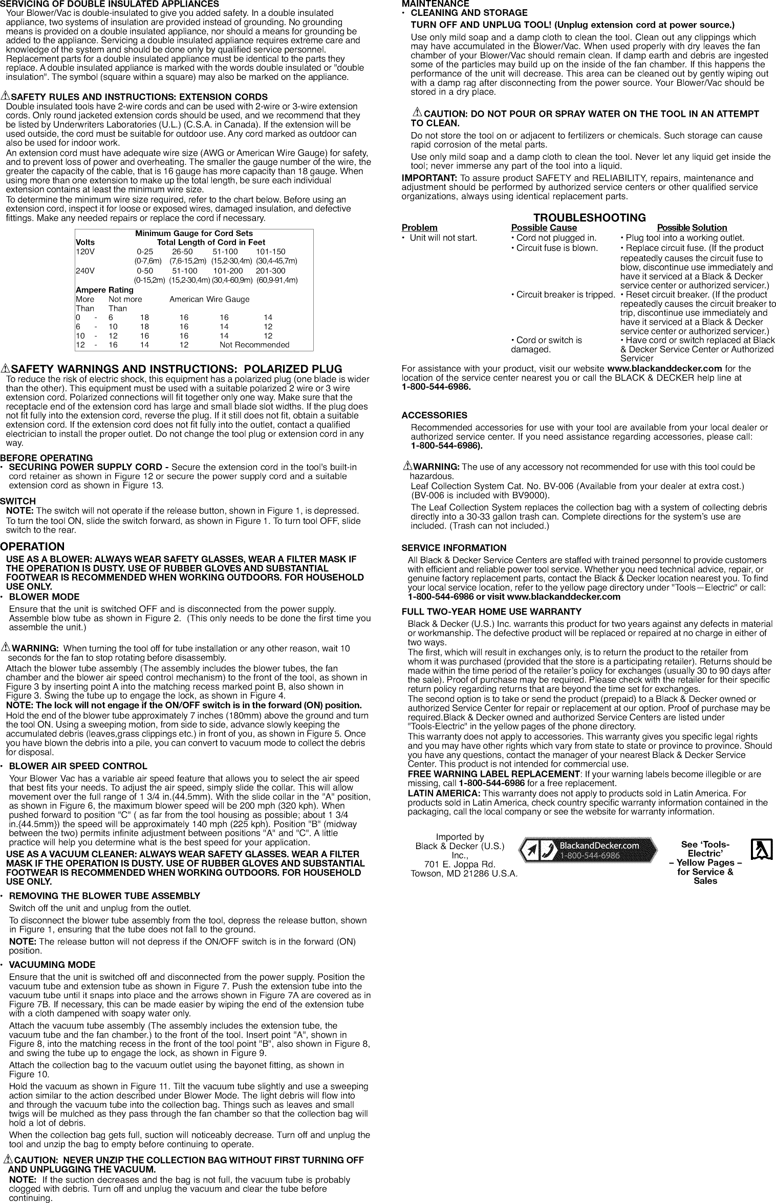 Black & Decker BV2500 TYPE 8 User Manual BLOWER Manuals And Guides 1312222L