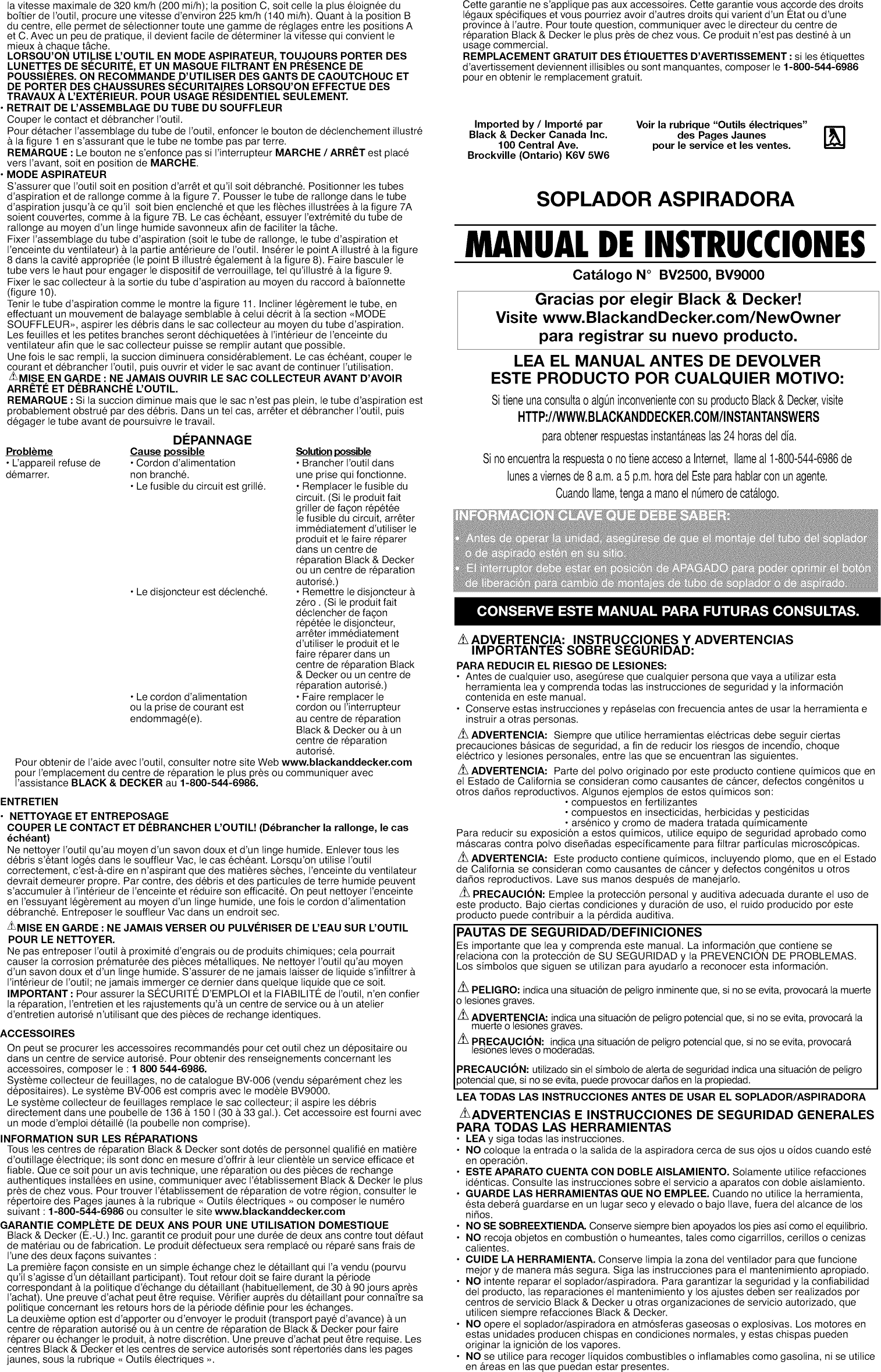 Black & Decker BV2500 TYPE 8 User Manual BLOWER Manuals And Guides 1312222L