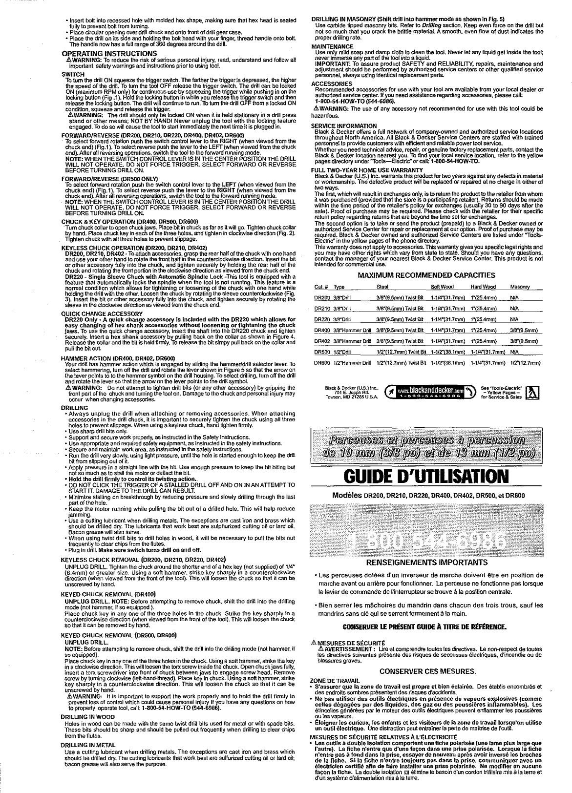 Black & Decker DR600 TYPE 3 User Manual DRILL HAMMER Manuals And Guides