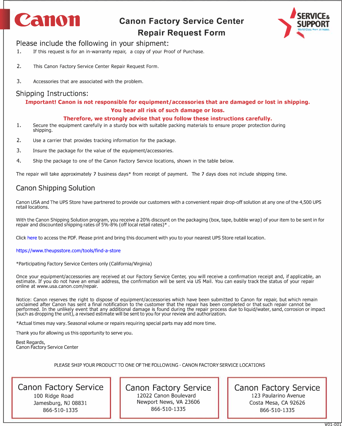 Canon  Repair Request Form FSC Camera