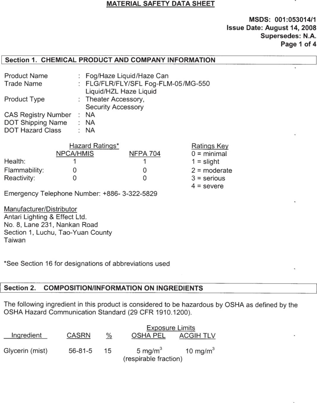 Antari Flm 05 Fog Fluid Msds User Manual