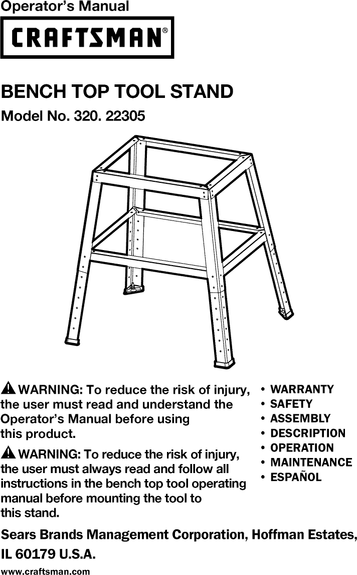Craftsman 32022305 1301066L User Manual BENCH TOP TOOL STAND Manuals