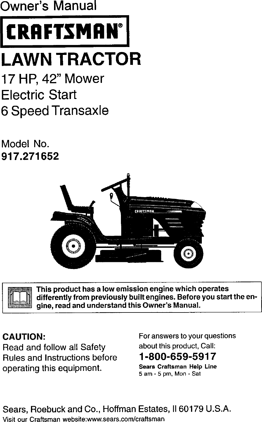 Craftsman 917271652 User Manual LAWN TRACTOR Manuals And Guides L0203164