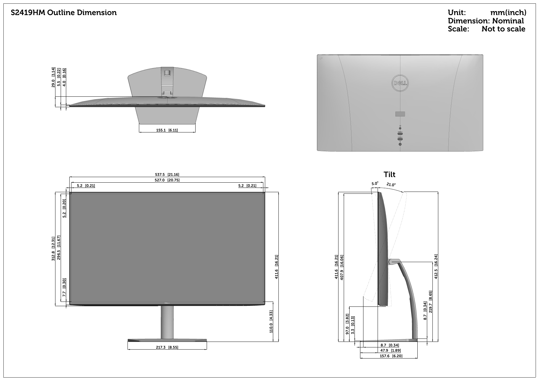 Dell s2419hm monitor Outline Drawing User Manual Reference guide En us