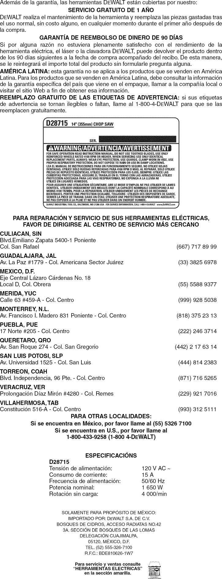 Dewalt D28715 TYPE1 User Manual SAW CHOP Manuals And Guides 1301208L