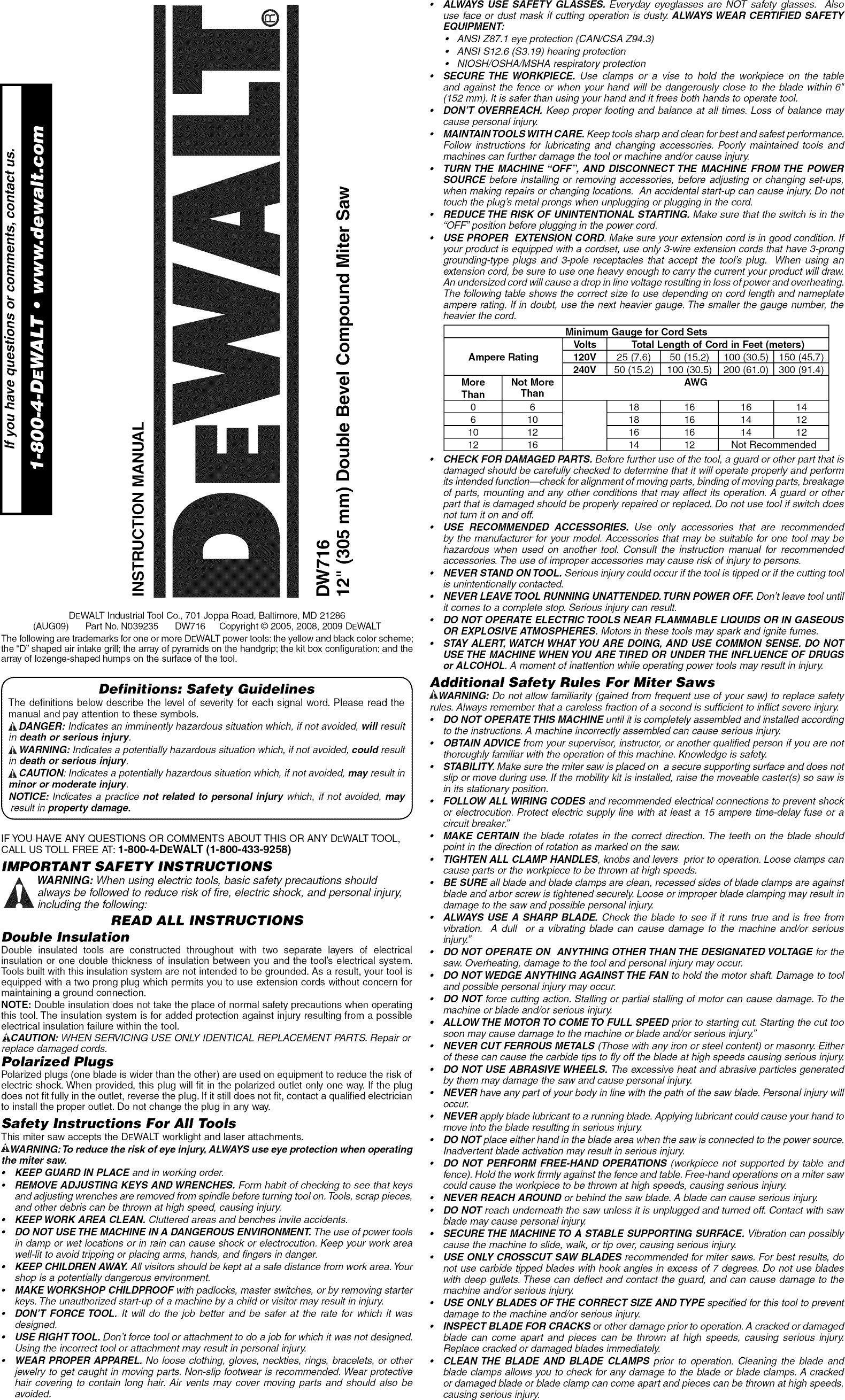 Dewalt DW716 TYPE3 User Manual MITER SAW Manuals And Guides 1301211L