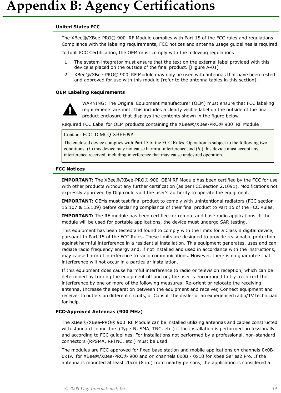 Digi XBEE09P XBeePRO 900 OEM RF Module User Manual XBEE