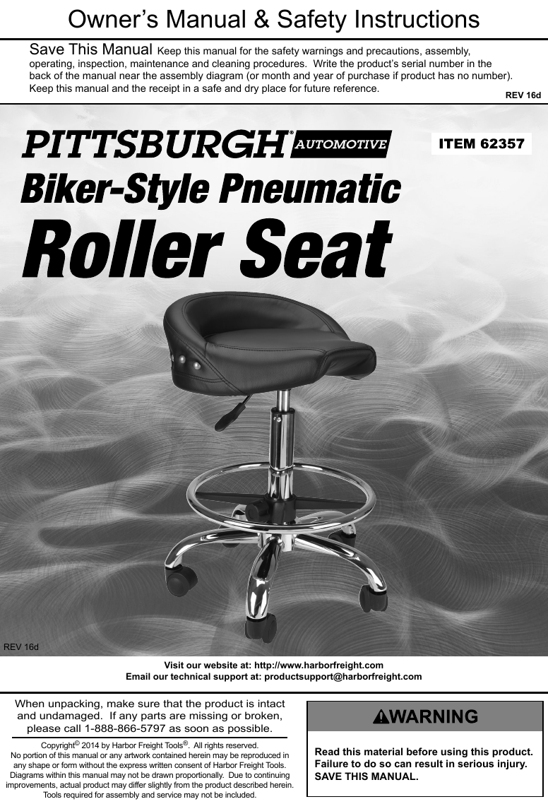 Manual For The 62357 Biker Style Pneumatic Roller Seat