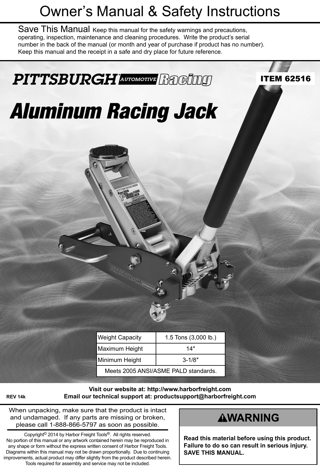 Manual For The 62516 1.5 Ton Compact Aluminum Racing Floor Jack With Rapid Pump®