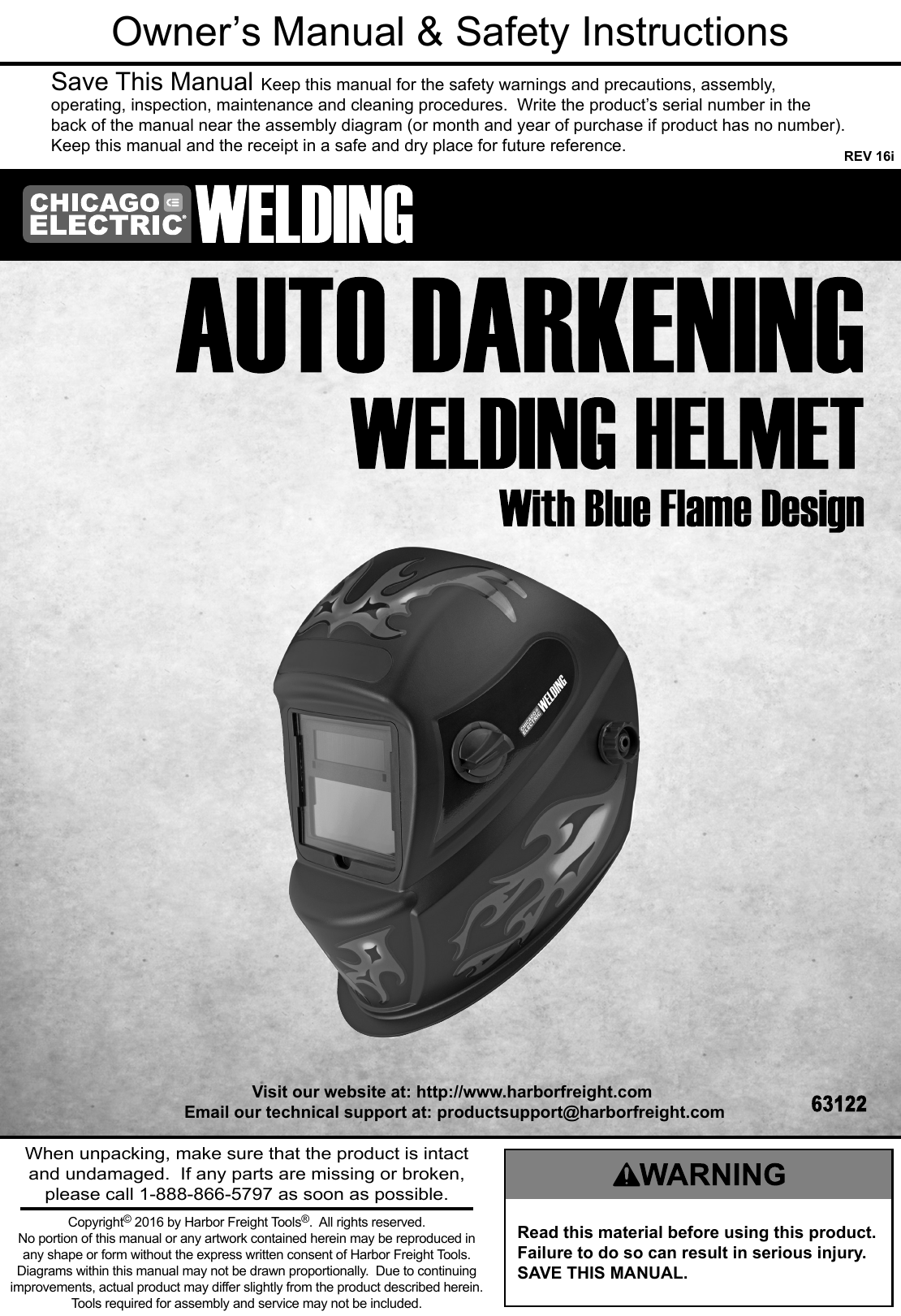 Manual For The 63122 Auto Darkening Welding Helmet With Blue Flame Design
