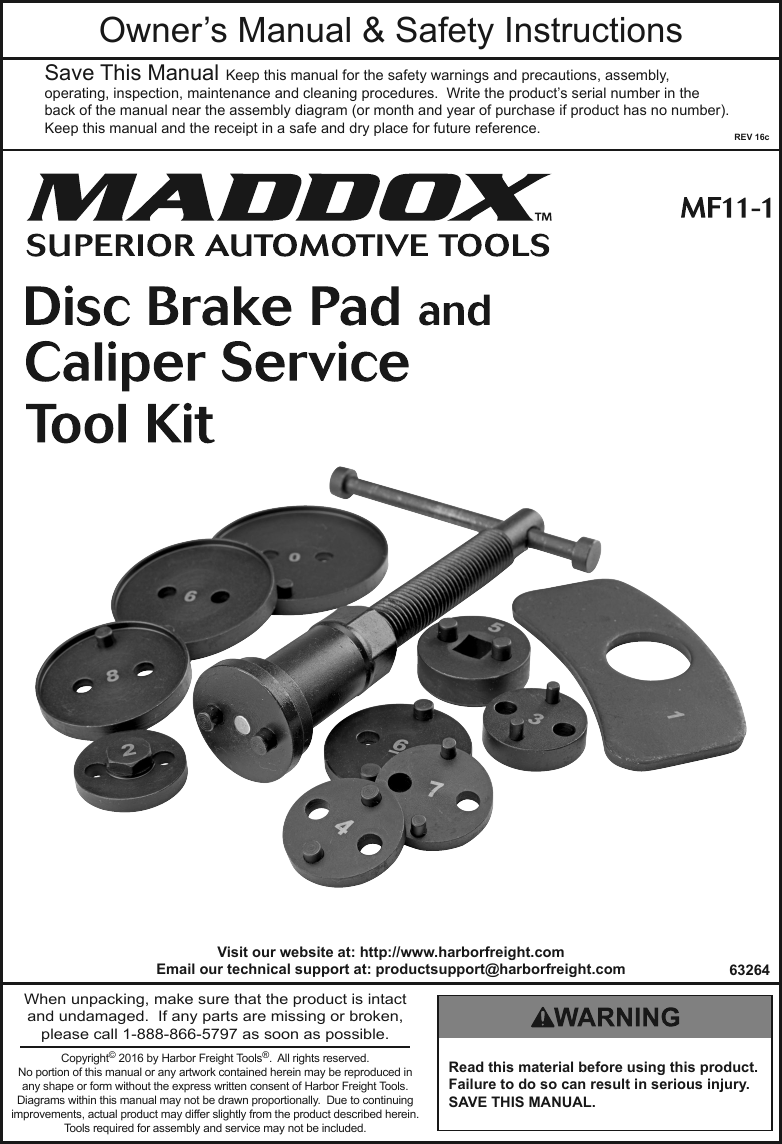 Manual For The 63264 Disc Brake Pad And Caliper Service Tool Kit 11 Pc