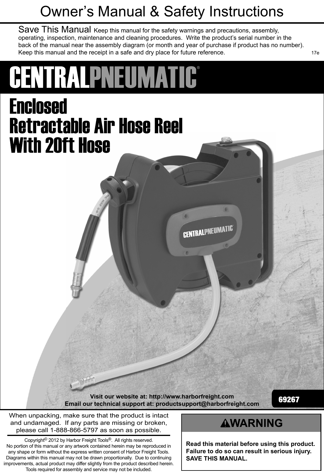 Manual For The 69267 Enclosed Retractable Air Hose Reel With 20 Ft.