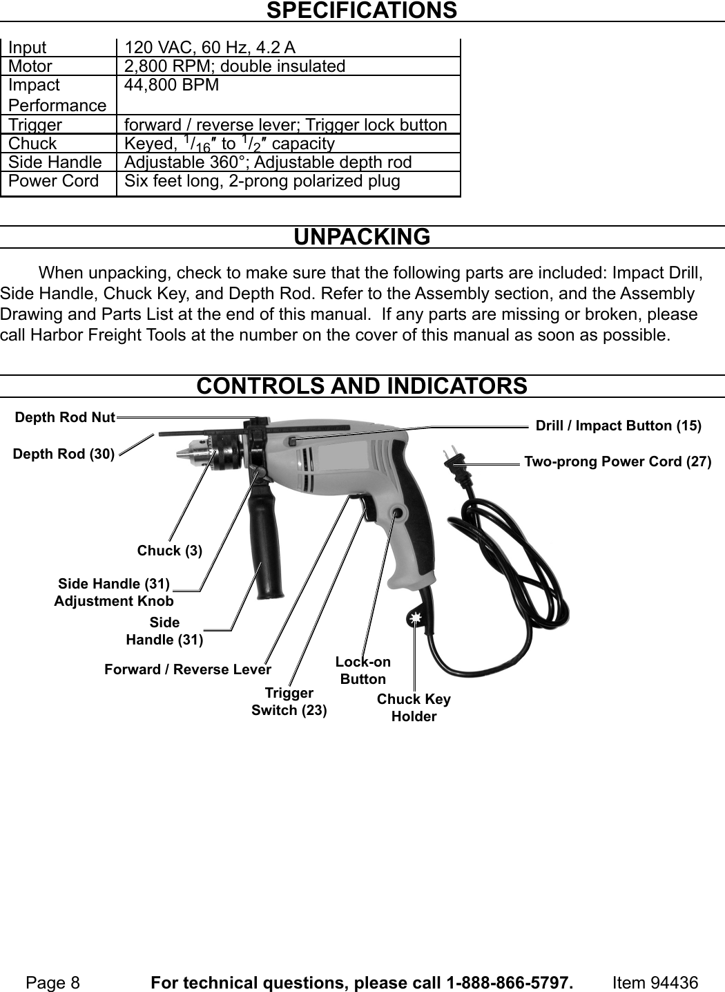 Manual For The 94436 1/2 In. Hammer Drill