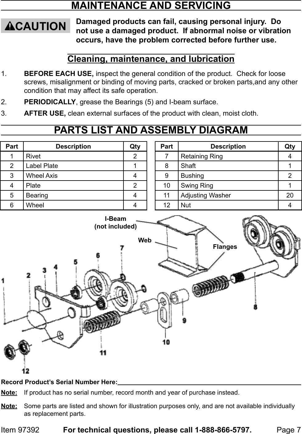 Manual For The 97392 1 Ton Push Beam Trolley