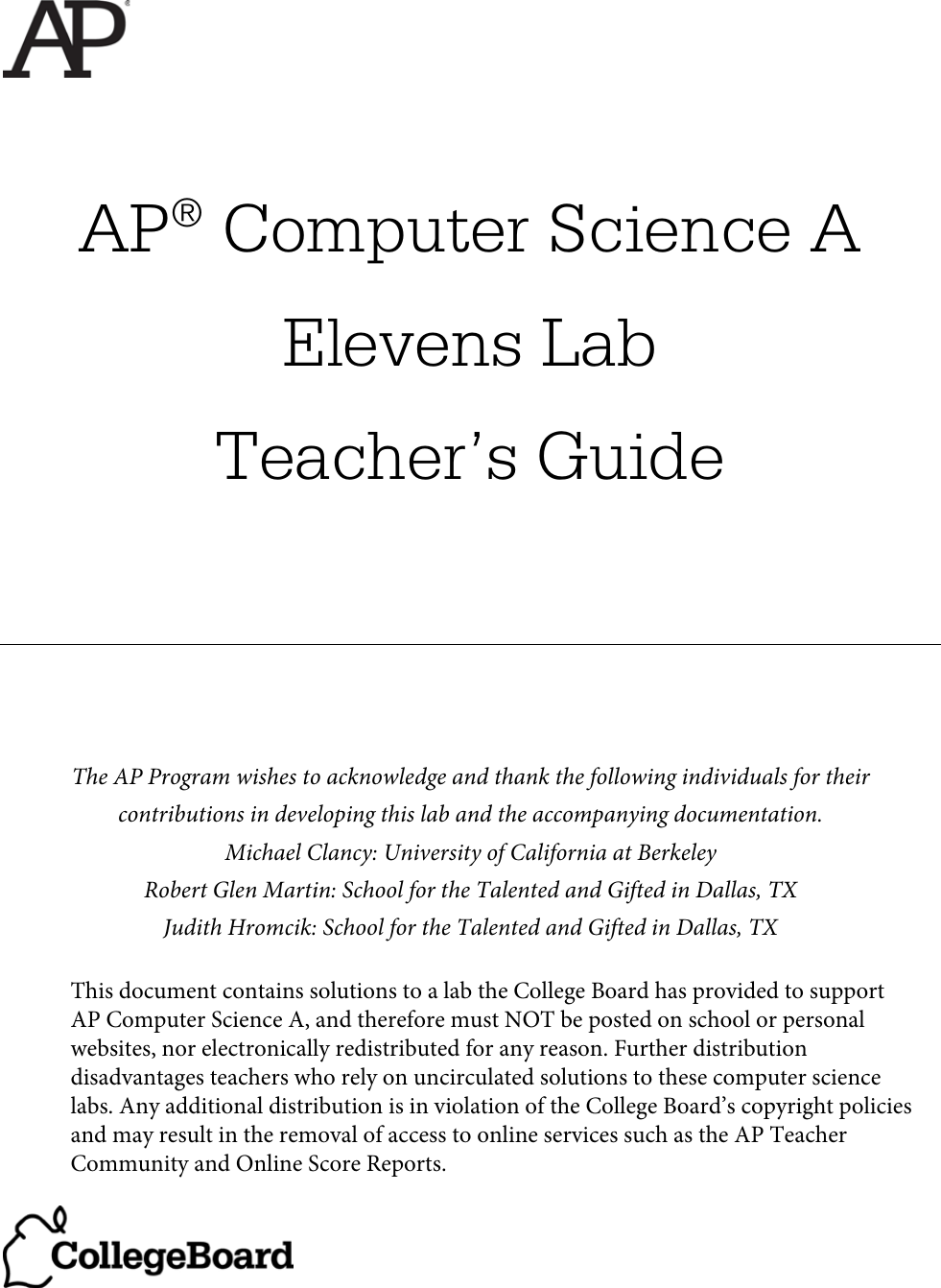 Elevens Lab Teacher's Guide AP Comp Sci A Teacher