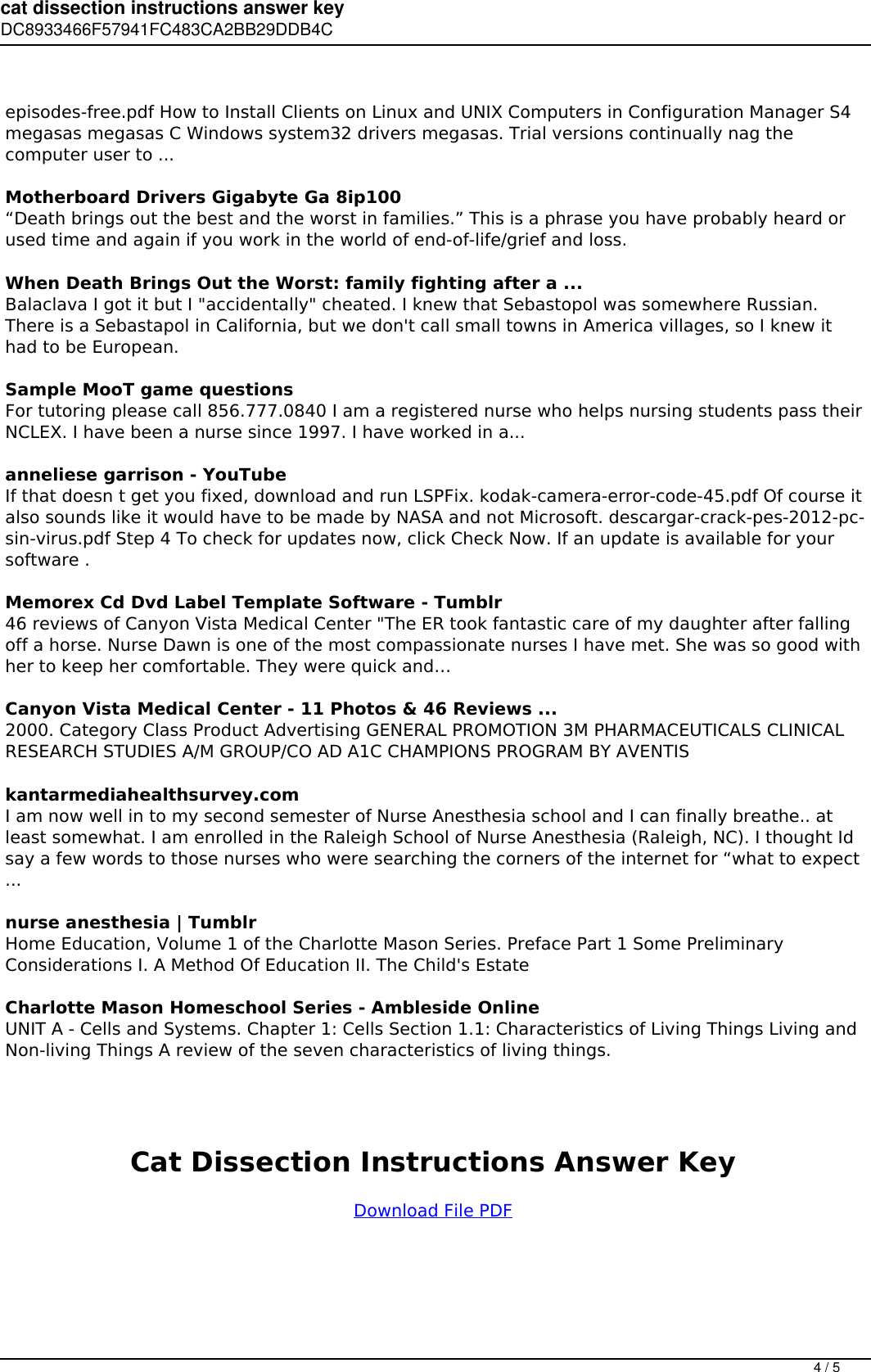 Cat Dissection Instructions Answer Key