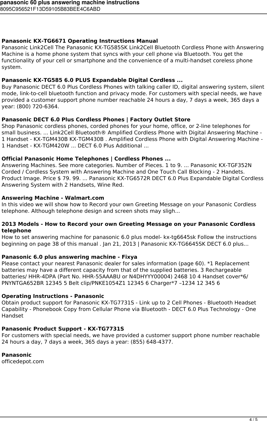 Panasonic 60 Plus Answering Machine Instructions