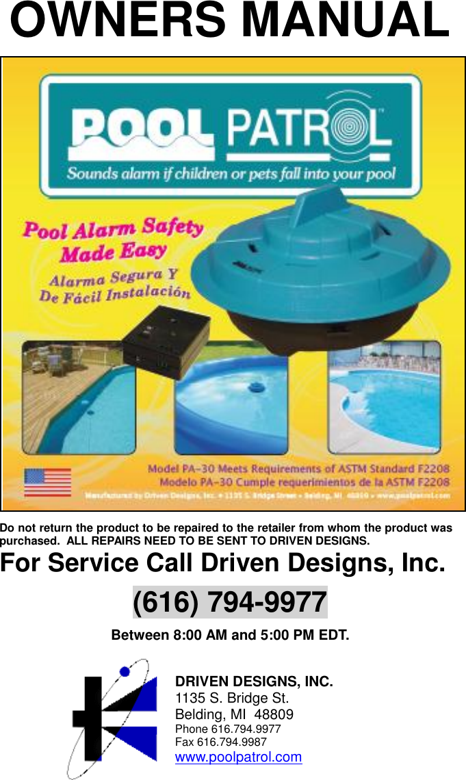 Driven Designs PPS POOL ALARM TRANSMITTER User Manual POOL PATROL PA 25