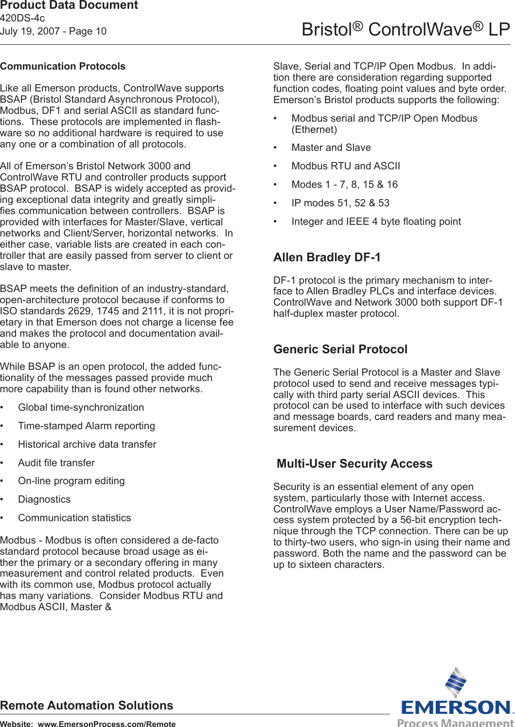 Emerson Process Management Bristol Controlwave Lp Users Manual