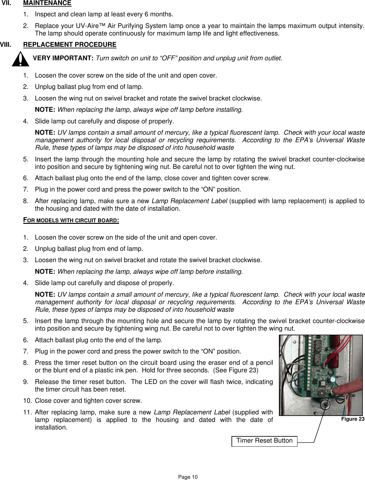 Field Controls Uv 18C Users Manual 46453400 Aire Lrg Inst Sheet Rev E 10 05