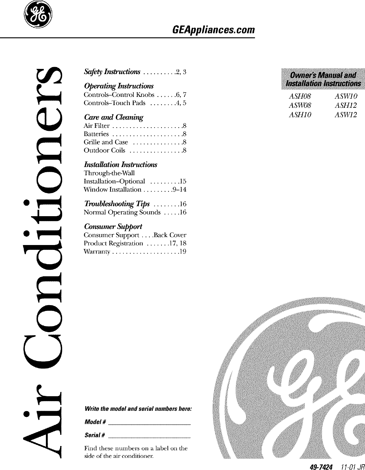 GE ASH08FAS1 User Manual ROOM AIR CONDITIONER Manuals And Guides L0303191