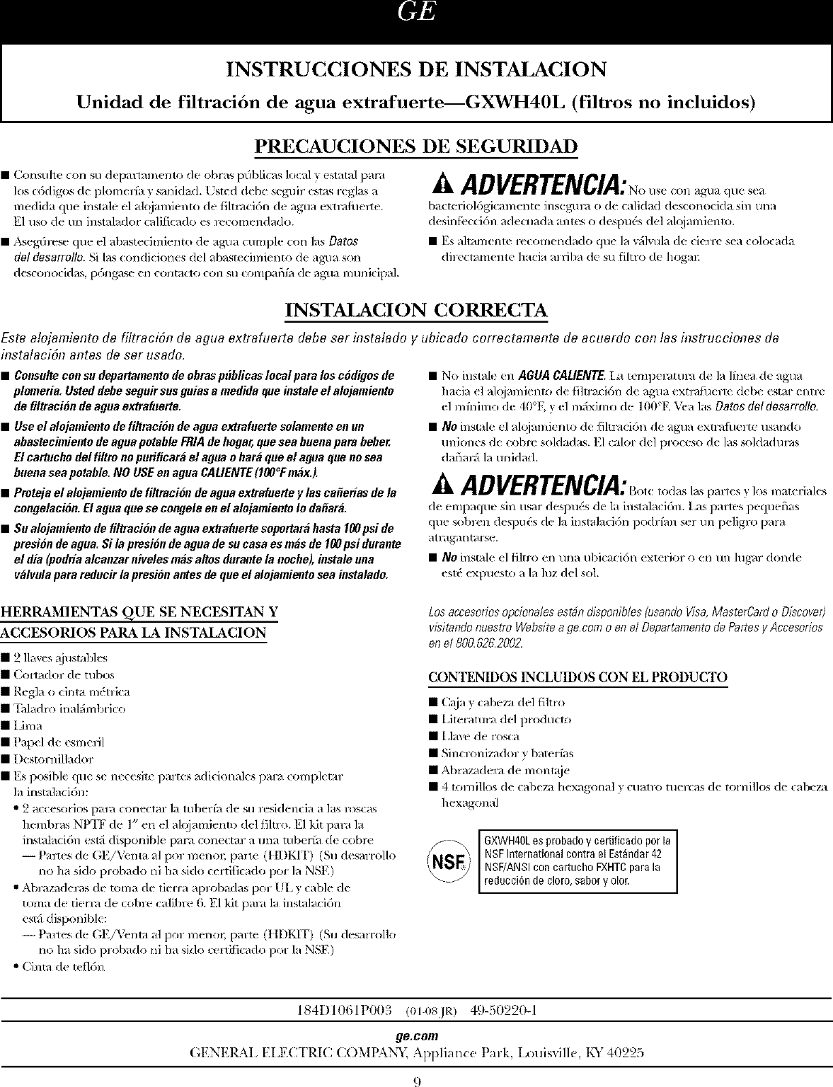 GE GXWH40L User Manual WATER SYSTEMS Manuals And Guides L08A6041