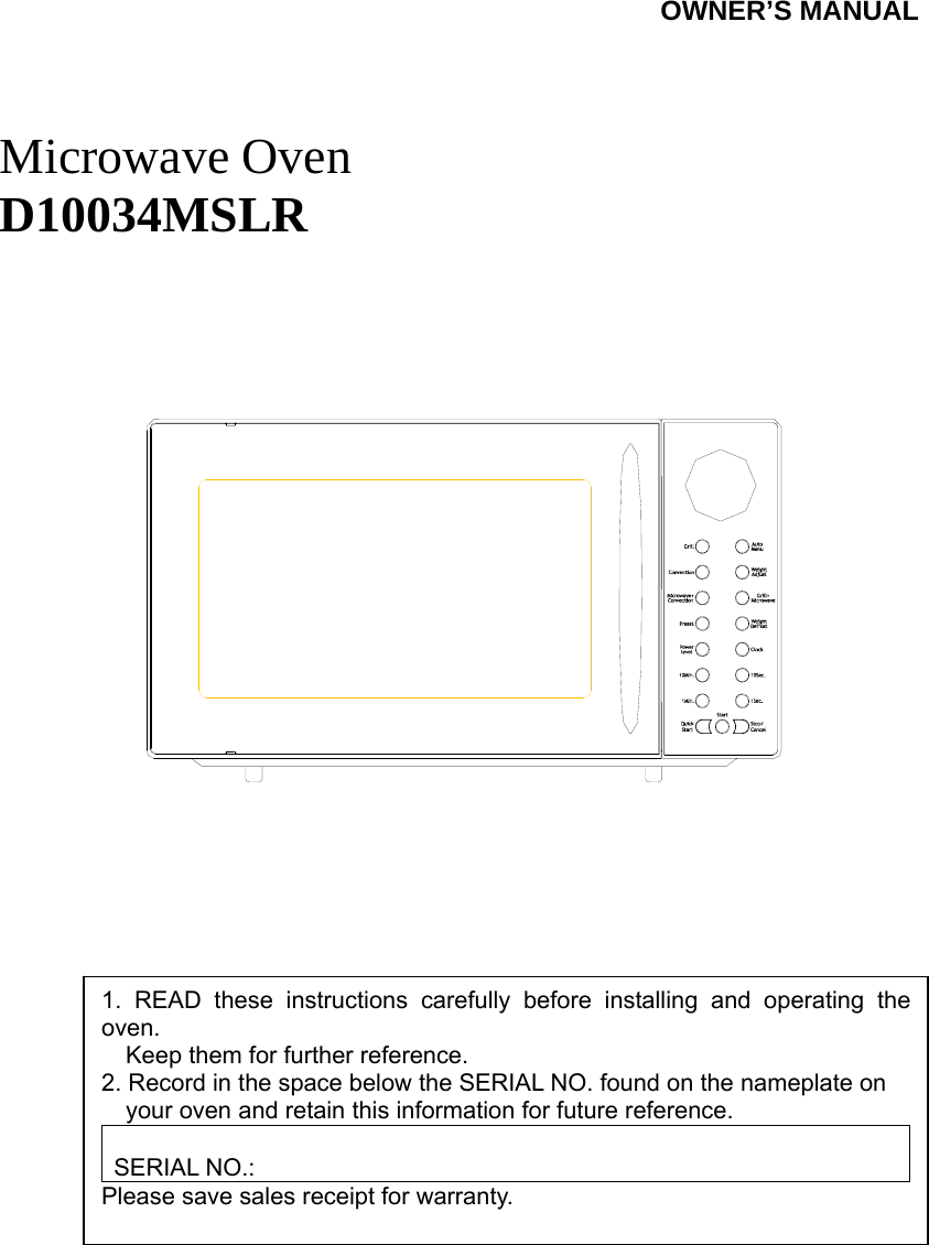 Galanz 10034002 Microwave oven User Manual manual