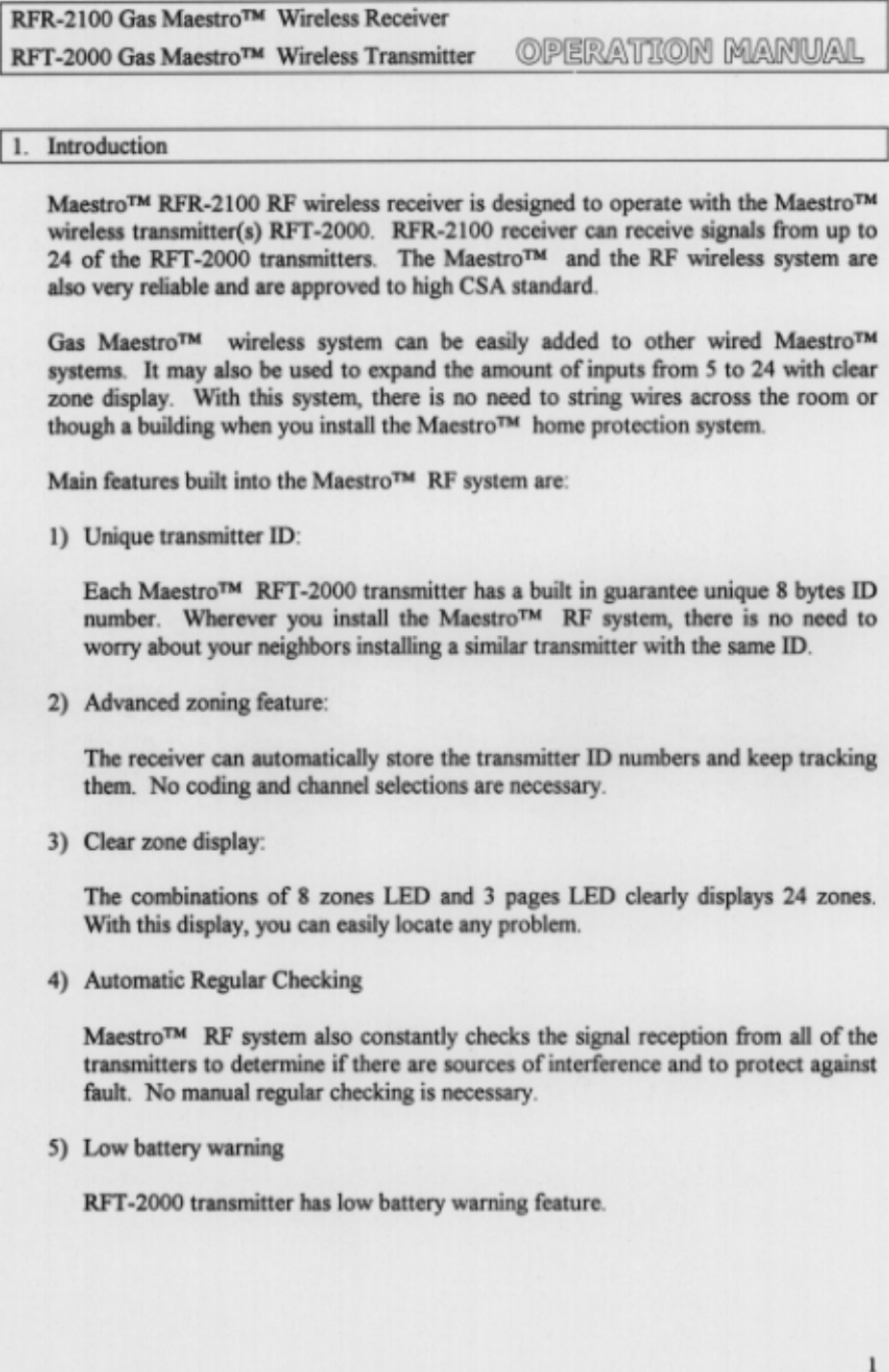 Gasguard Technologies RFT2000 Gas Alarm User Manual
