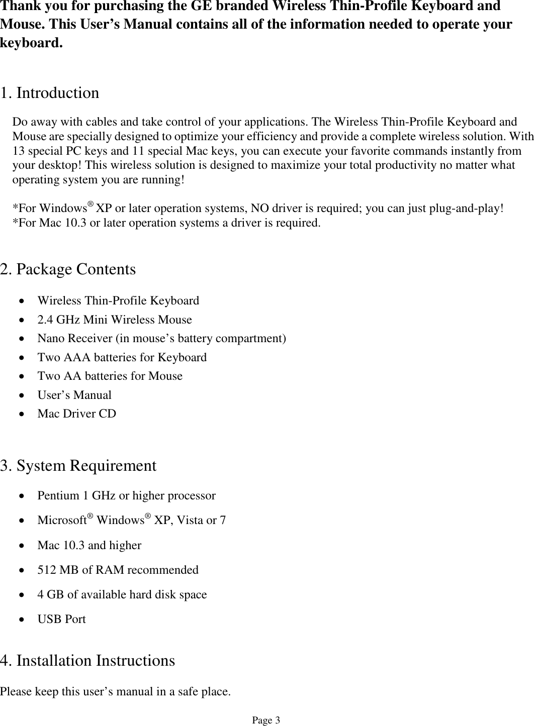 Ge Appliances 98614 Wireless Thinprofile Keyboard And Mouse Owners