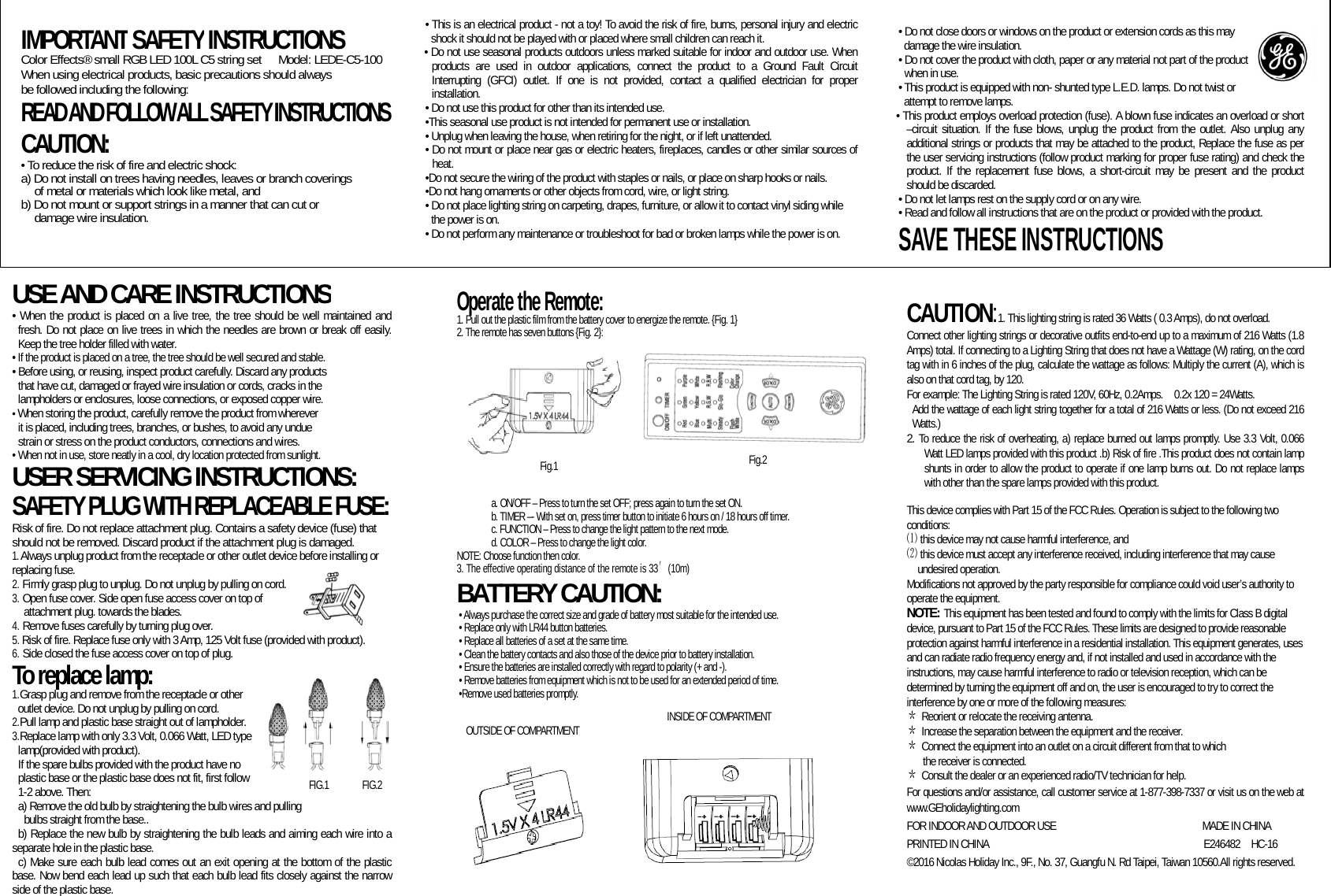 H S CRAFT GTRGBTX2 Remote Control User Manual LEDEC5 100 IM