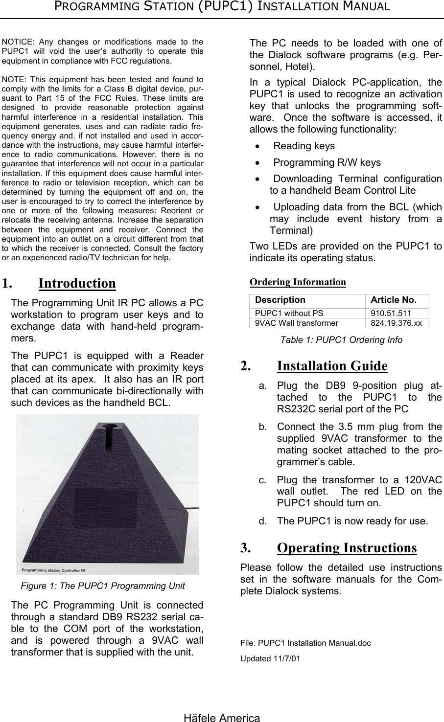 Hafele America 103 Programming Unit User Manual PUPC1 Installation Manual