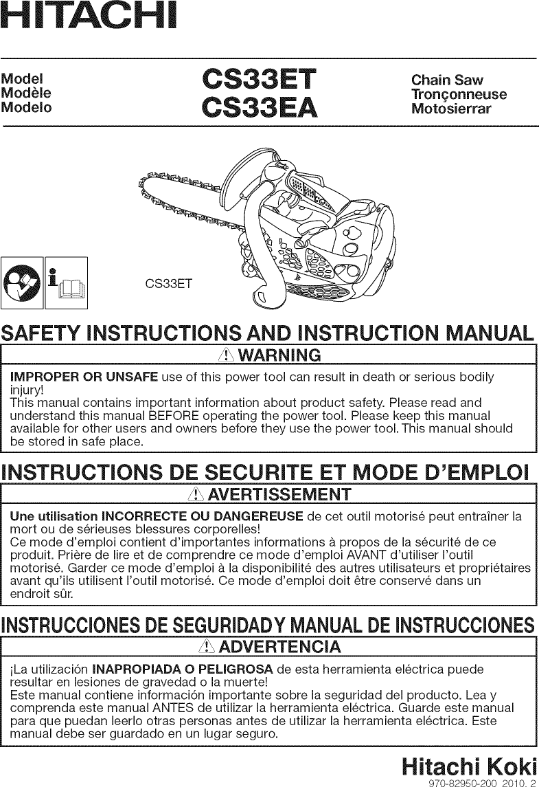 Hitachi CS33ET User Manual CHAIN SAW Manuals And Guides 1006886L
