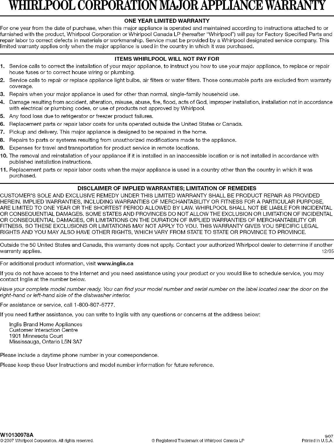 INGLIS Dishwasher Manual L0807224