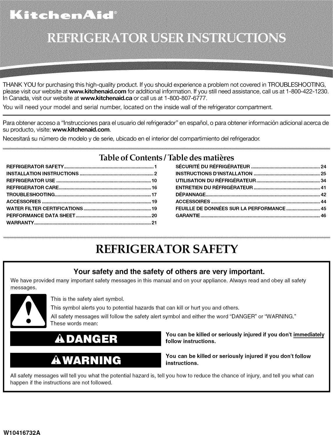 Kitchenaid KSF26C4XYB02 1112333L User Manual REFRIGERATOR Manuals And