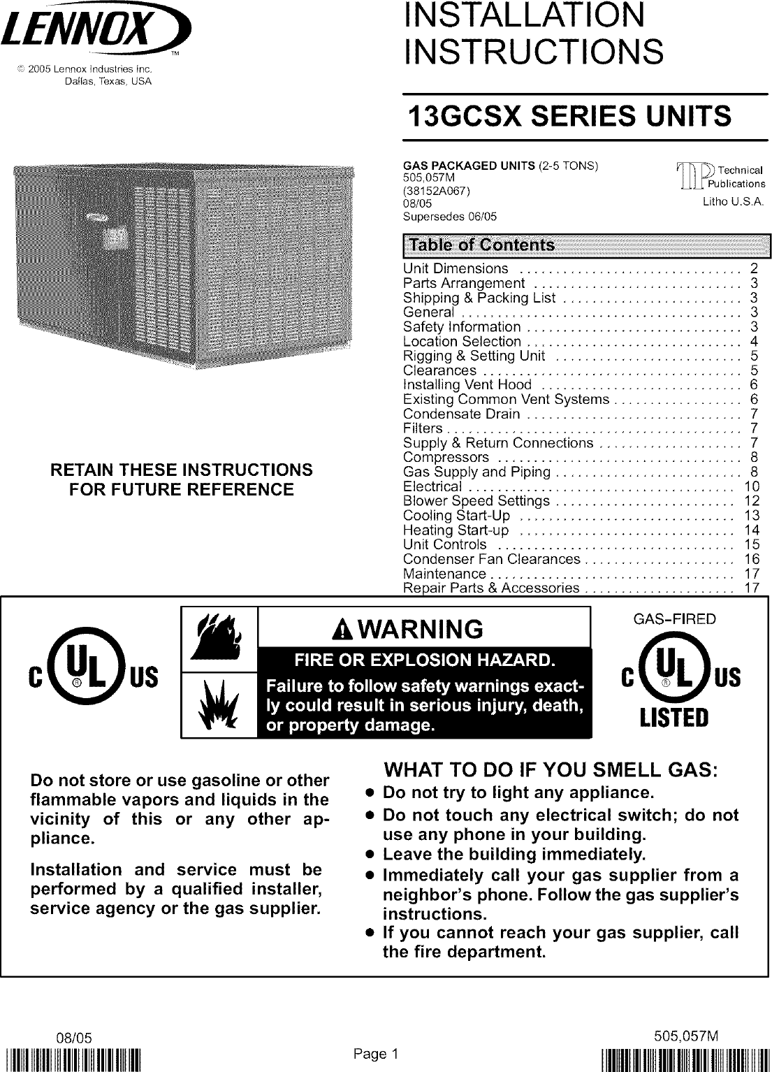 LENNOX Package Units(both Units Combined) Manual L0806665