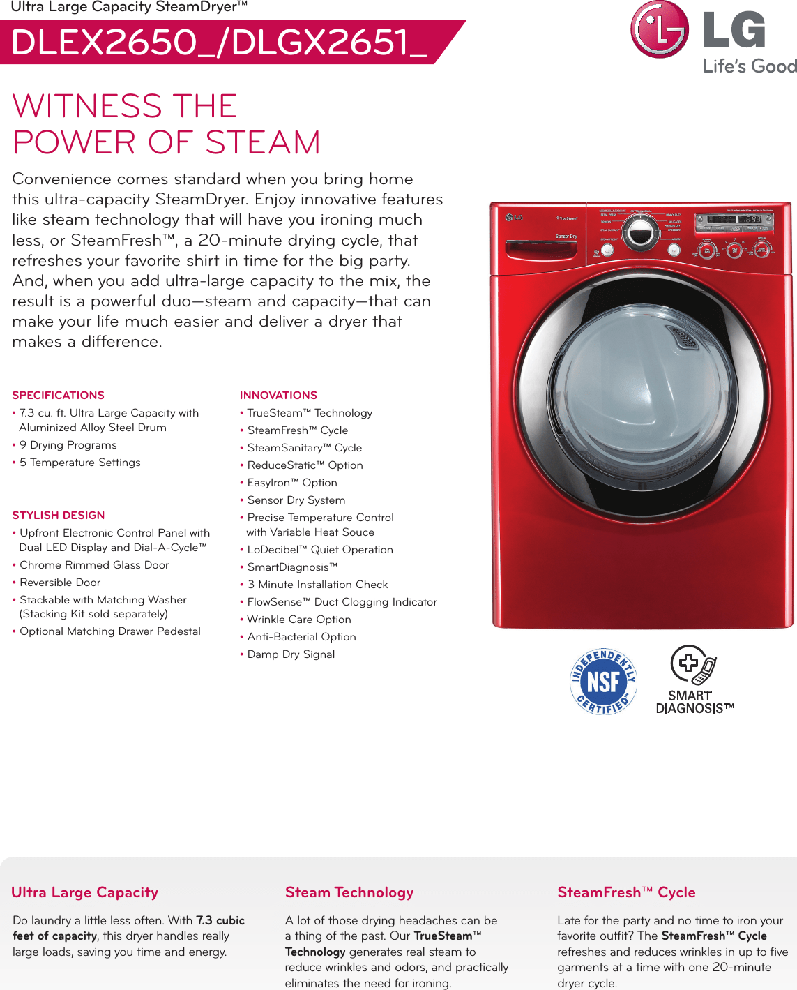 LG DLEX2650W User Manual Specification DLEX2650 DLGX2651 Dryer Spec Sheet