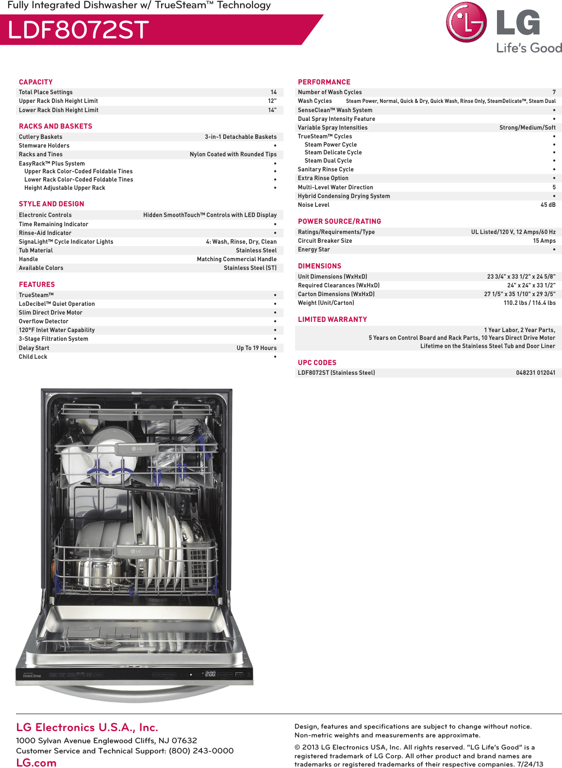 LG LDF8072ST User Manual Specification LDF8072 Dishwasher Spec Sheet