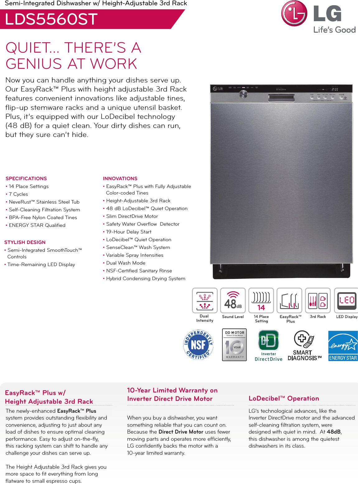 LG LDS5560ST User Manual Specification LDS5560 Dishwasher Spec Sheet