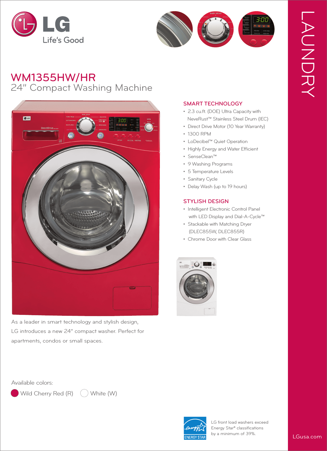 LG WM1355HW WM1355 Spec Sheet Side 1 User Manual Specification Washer