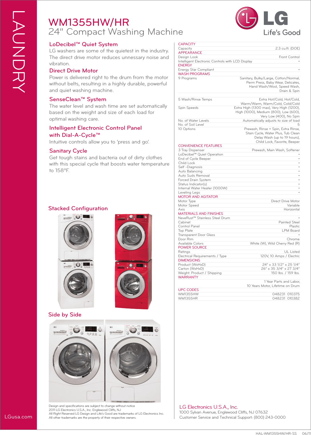 LG WM1355HW WM1355 Spec Sheet Side 1 User Manual Specification Washer
