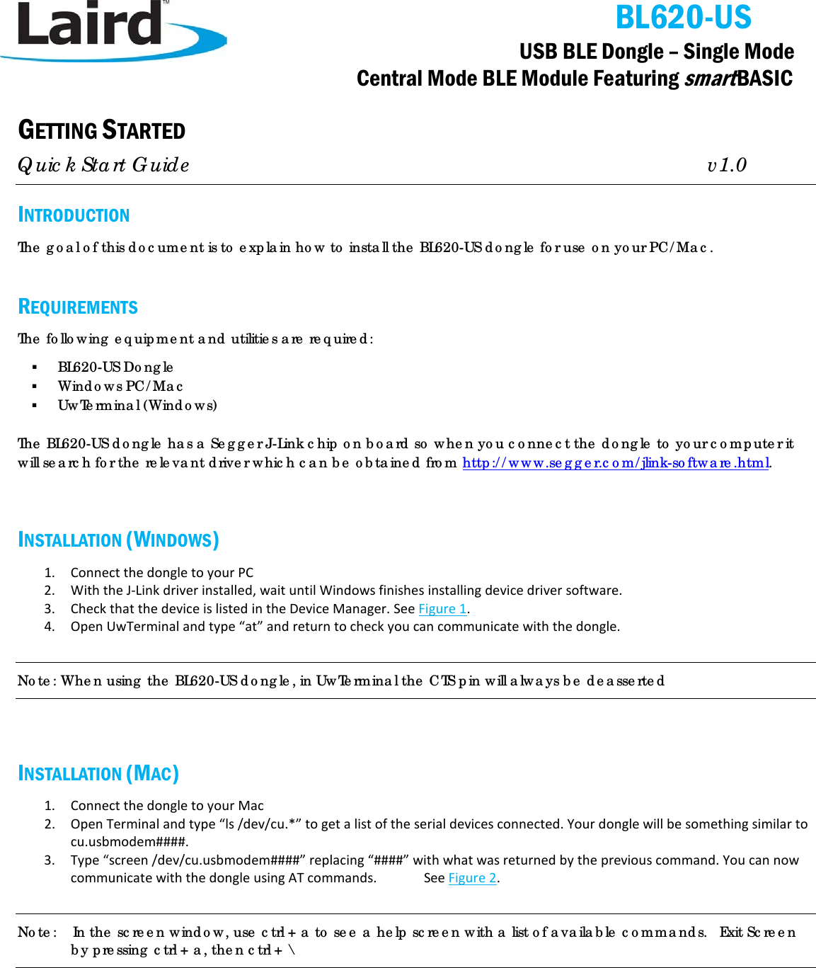 Laird Connectivity BL620US USB BLE Dongle Single Mode User Manual UserMan