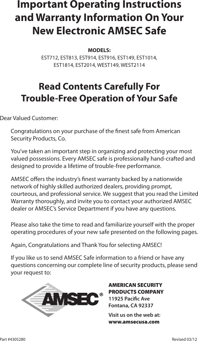 Amsec Safe Manual