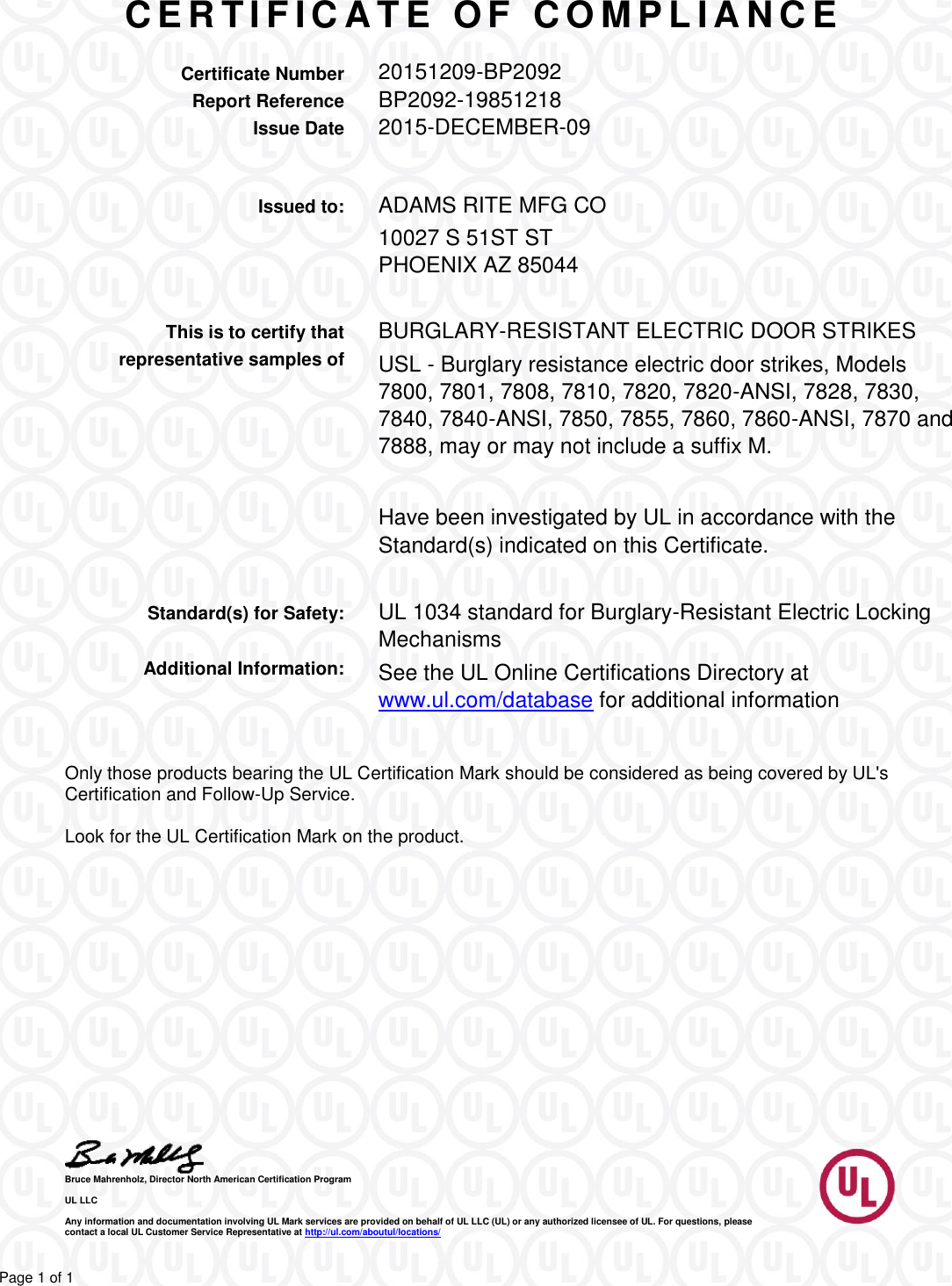 Locks Merge Job Opening Letter UL Certificate Of Compliance For