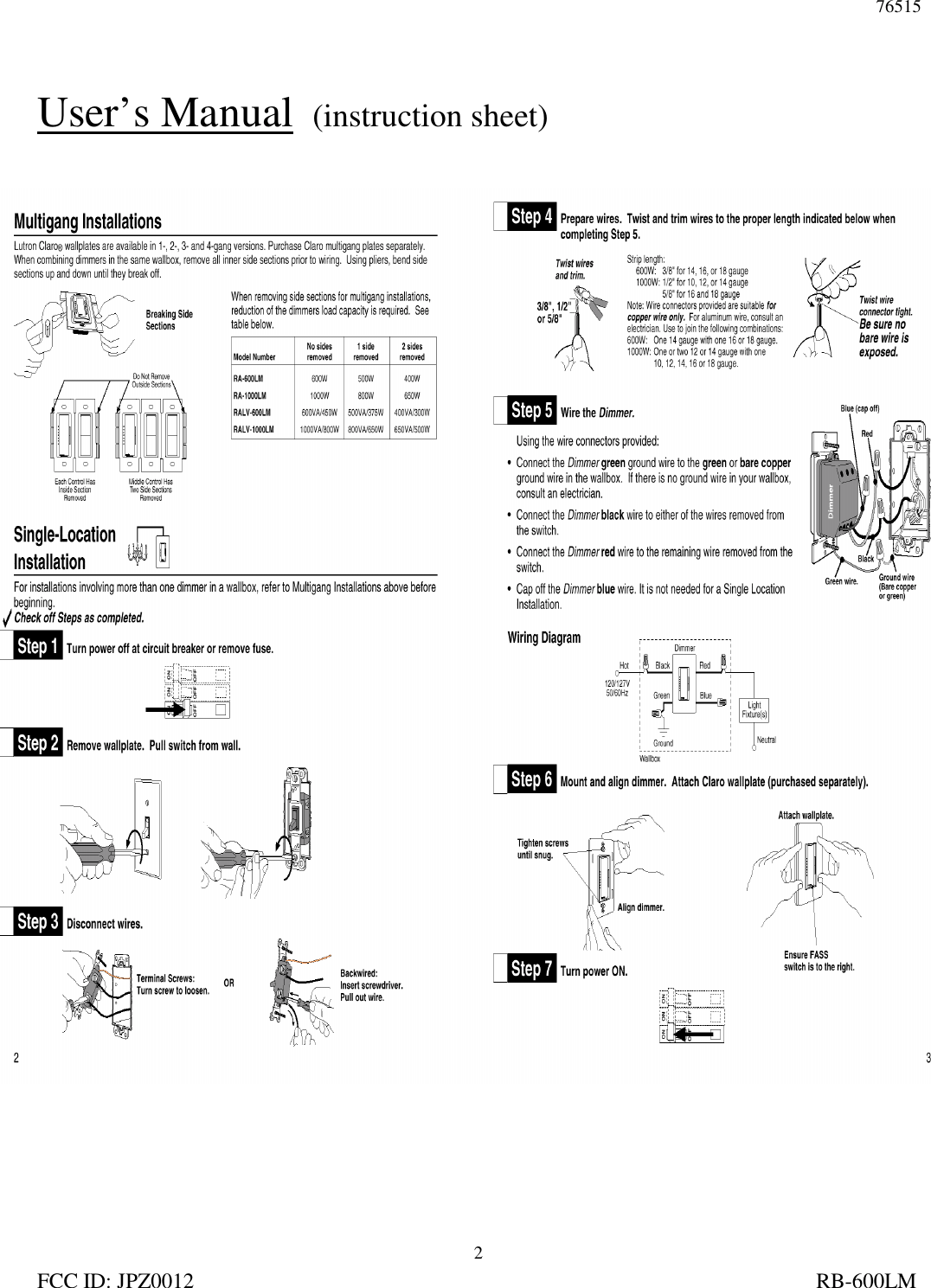 Lutron Electronics 0012 Wireless Lighting Control User Manual