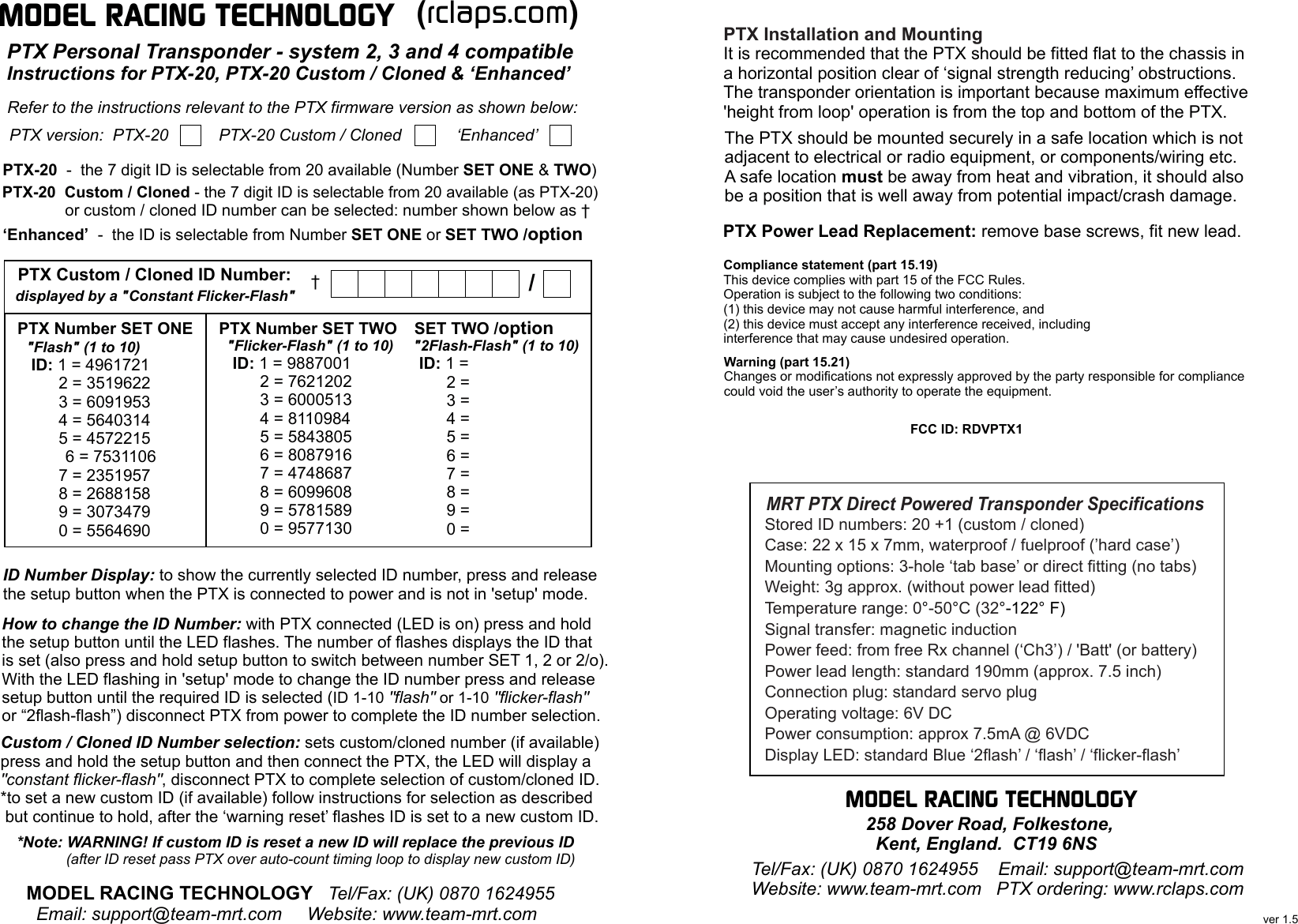 Model Racing Technology PTX1 PTX User Manual