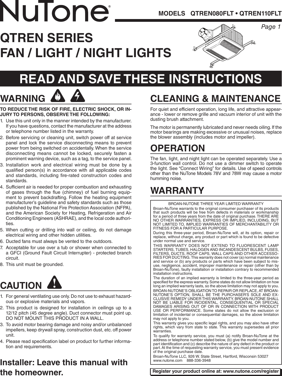 Nutone Qtren110Flt Quick Start Guide